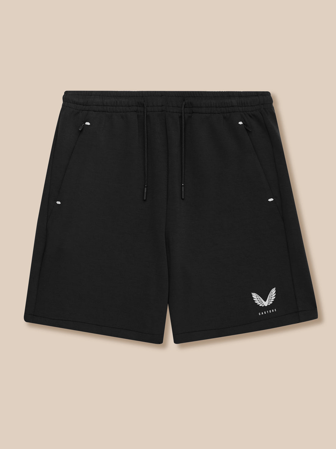 Black Travel Lifestyle Shorts with drawstring waist, concealed zip pockets, and Castore logo at lower right leg.