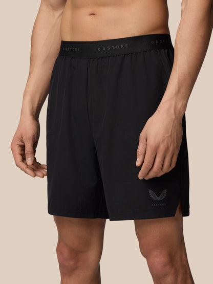 Front view of black Adapt Training Shorts with internal drawcord waistband and side pockets, Castore logo on the right thigh