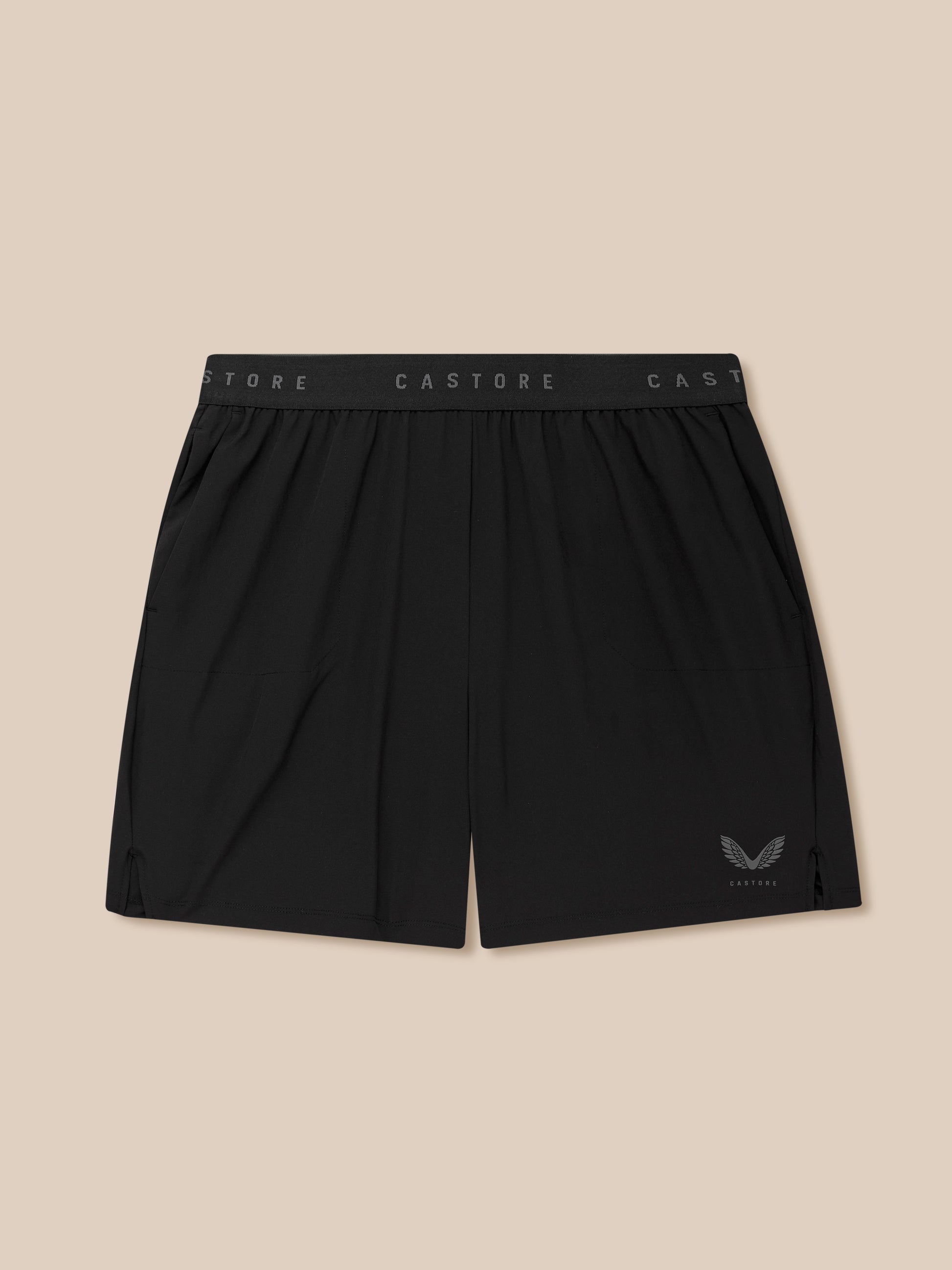 Close up of Adapt Training Shorts waistband showing a black jacquard elastic band with Castore branding