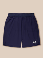 Back view of navy Adapt Training Shorts with elastic waistband and Castore logo on the lower right leg.