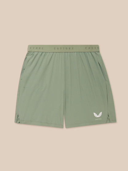 Close up of thyme mint Adapt Shorts waistband with Castore branding on the elastic.
