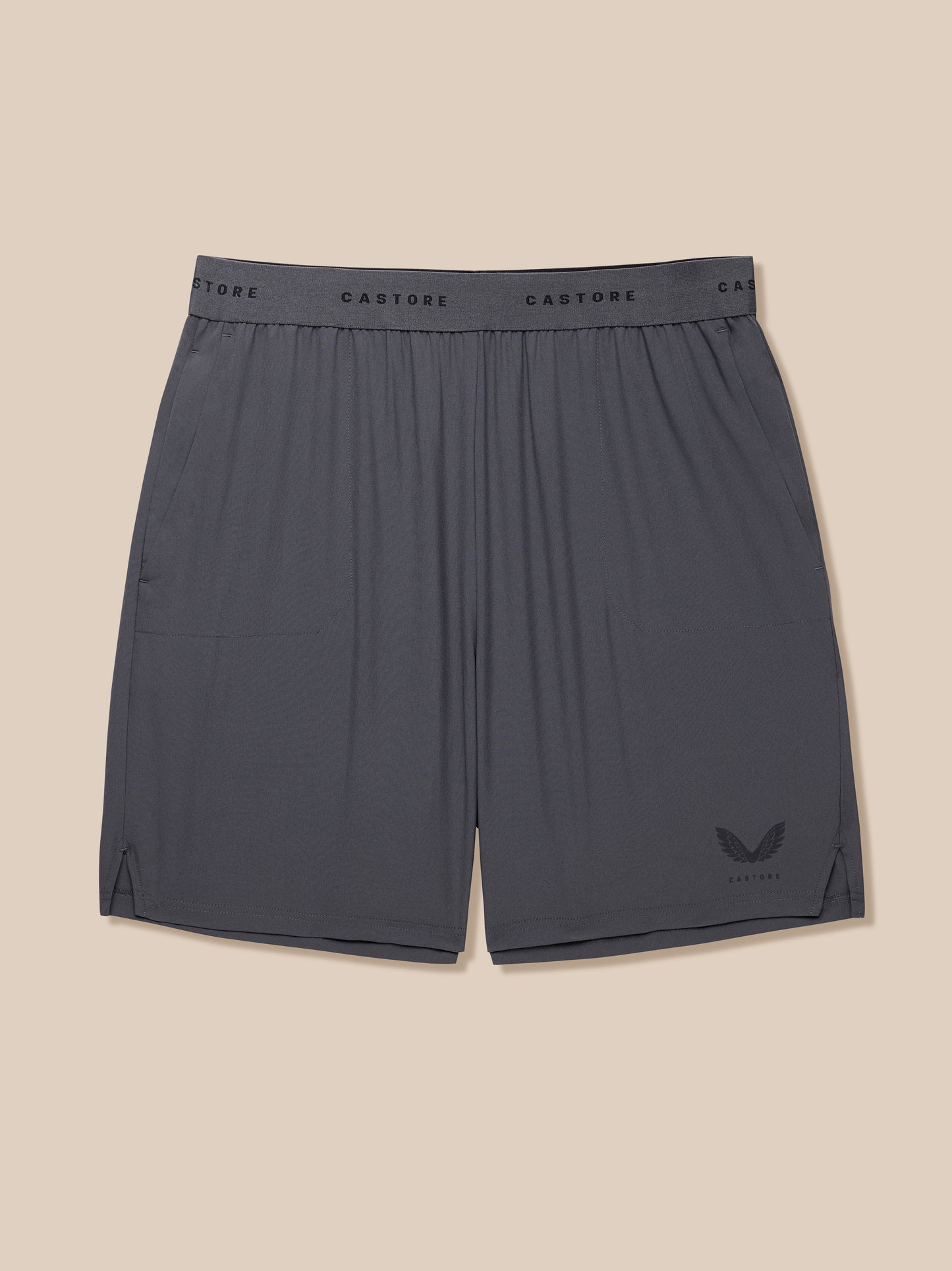 Gunmetal Adapt Training Shorts with Aertek tech, CASTORE waistband branding, side pockets.