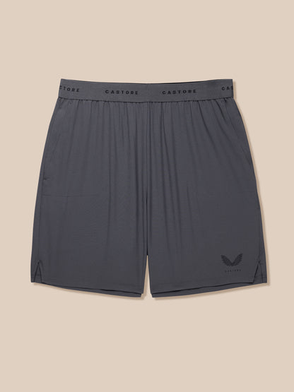 Gunmetal Adapt Training Shorts with Aertek tech, CASTORE waistband branding, side pockets.