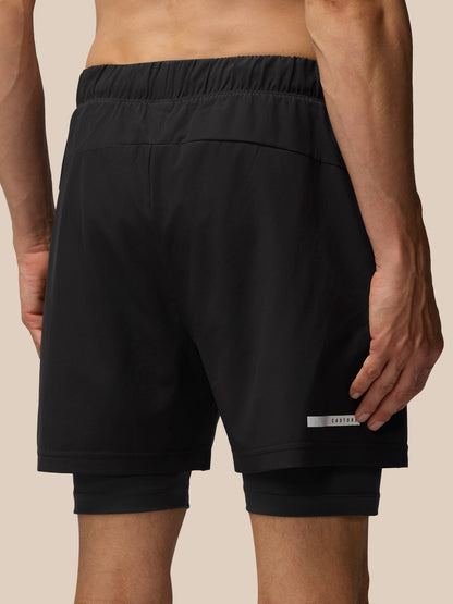 Back view of black Flow 2-in-1 shorts with an elastic waistband and Castore logo on the thigh