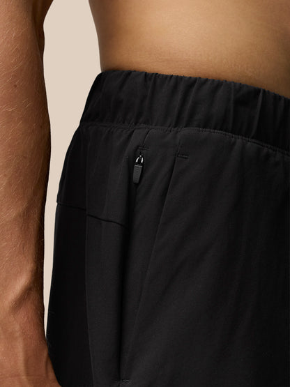 Close-up of black Flow 2-in-1 shorts waistband with a secure side pocket zipper