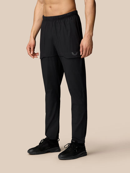 Front view of black Flex Lifestyle Cargo Trousers with thigh cargo pocket and adjustable cuff toggles