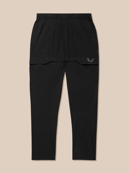 Back view of black ProTek cargo joggers with elastic waistband and layered pocket flap featuring Castore logo.