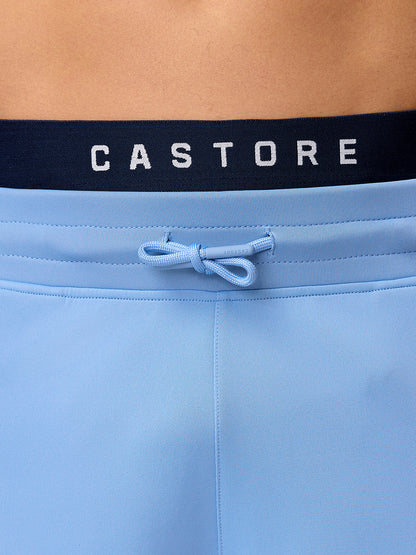 Close-up of sky blue Flex Shorts waistband with Castore branding and drawstring