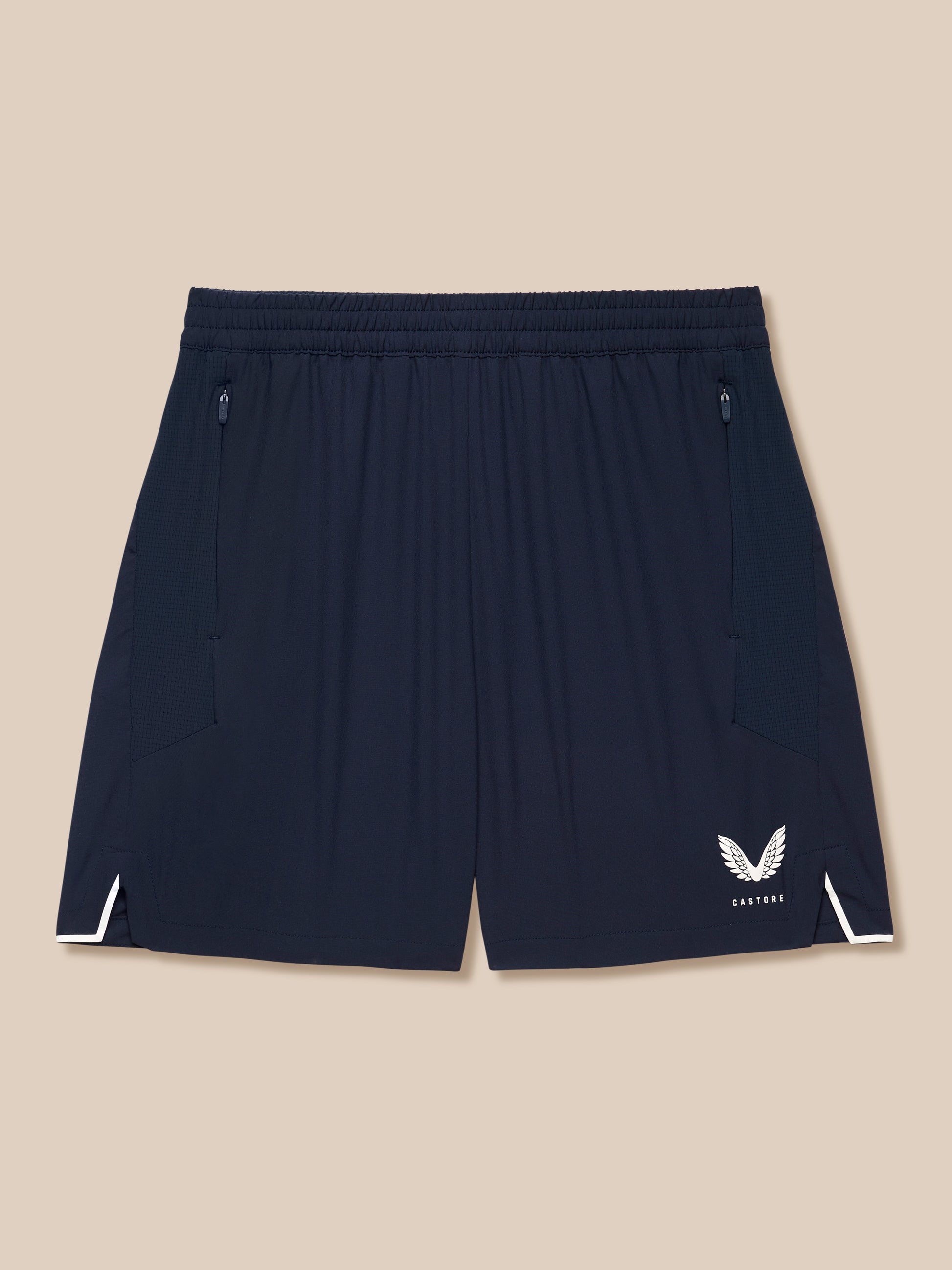 Apex Training Shorts midnight navy waist close-up showing elastic waistband and side zip pockets