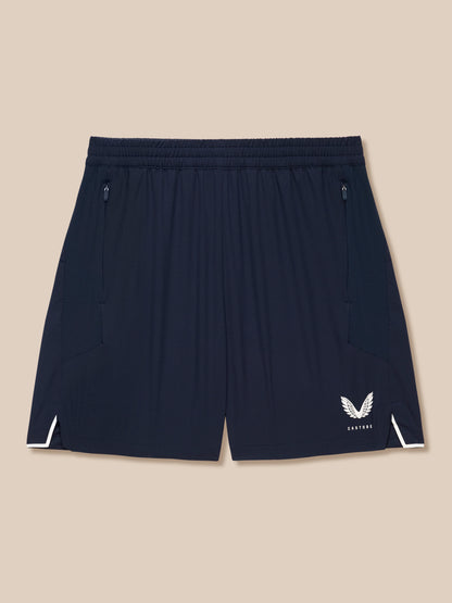 Apex Training Shorts midnight navy waist close-up showing elastic waistband and side zip pockets