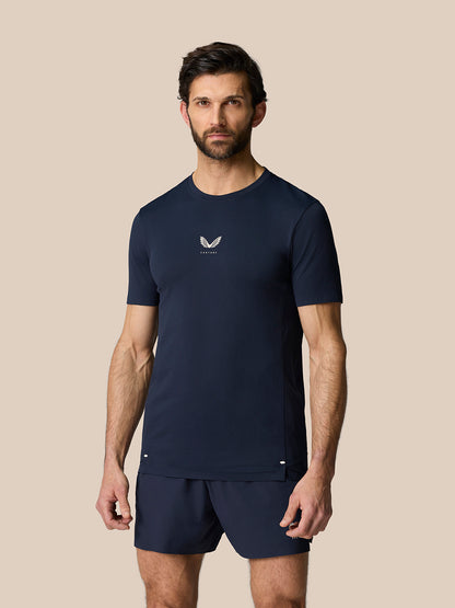 Male model wearing Zone Training T-Shirt in Midnight Navy front view with small chest logo