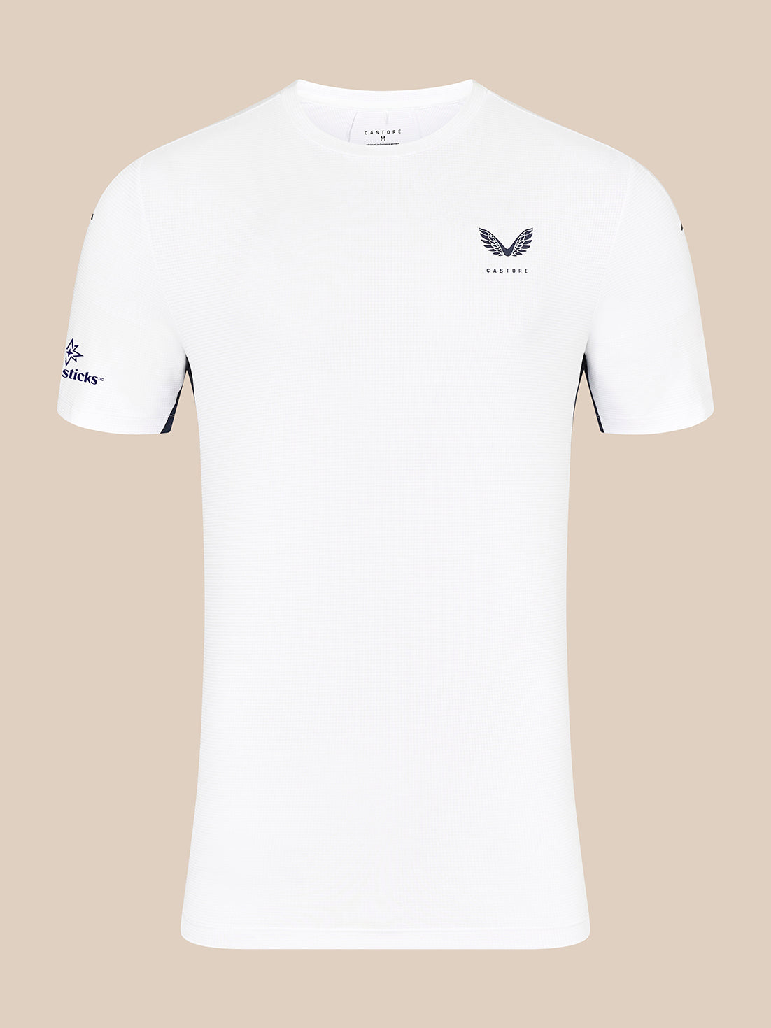 Front view of white Majesticks T shirt with branding on sleeve and Castore logo on chest