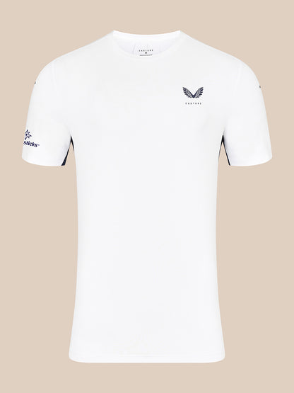 Front view of white Majesticks T shirt with branding on sleeve and Castore logo on chest