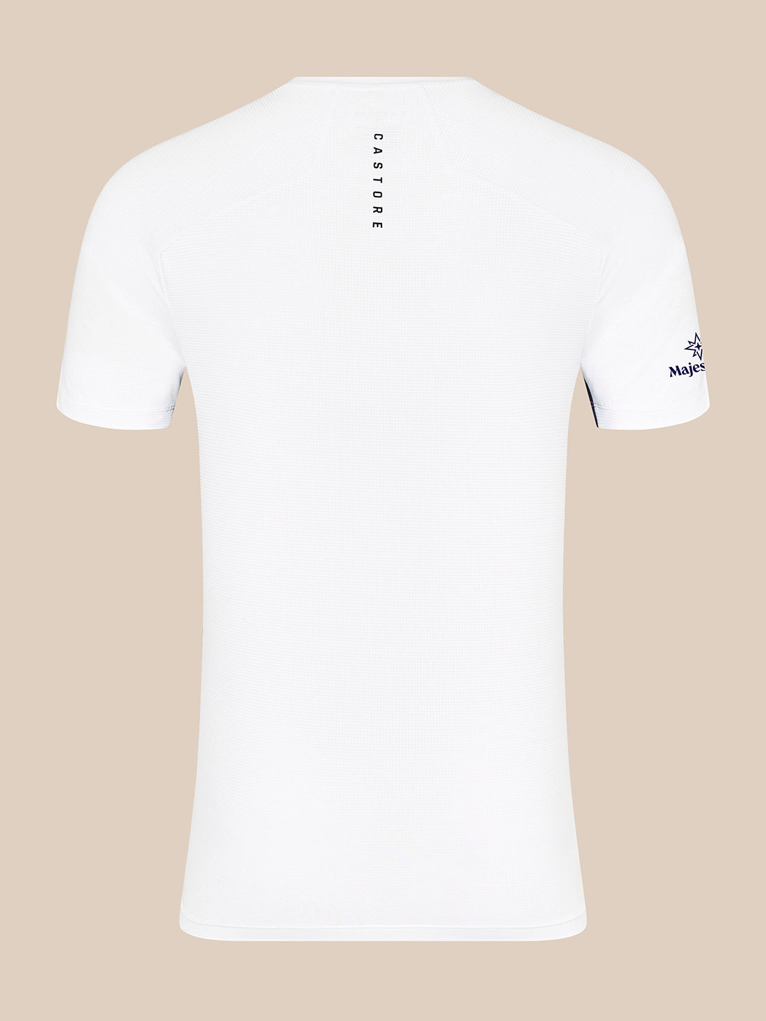 Back view of white Majesticks T shirt with vertical Castore text on upper back and Majesticks logo on the sleeve