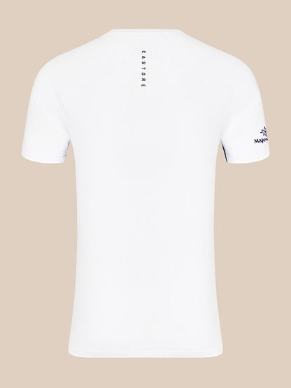 Back view of white Majesticks T shirt with vertical Castore text on upper back and Majesticks logo on the sleeve