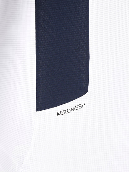 Close-up of navy Aeromesh panel on white Majesticks T Shirt.