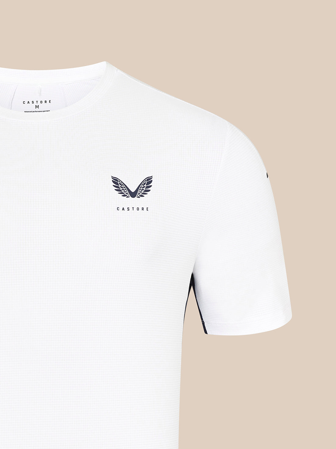 White Majesticks Castore T shirt close up of chest wing logo and inside collar tag
