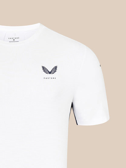 White Majesticks Castore T shirt close up of chest wing logo and inside collar tag