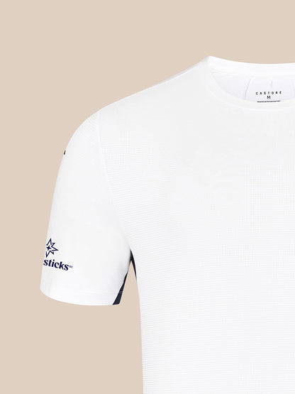 Front view of white Majesticks Castore T shirt with wing logo on chest and Castore neck label