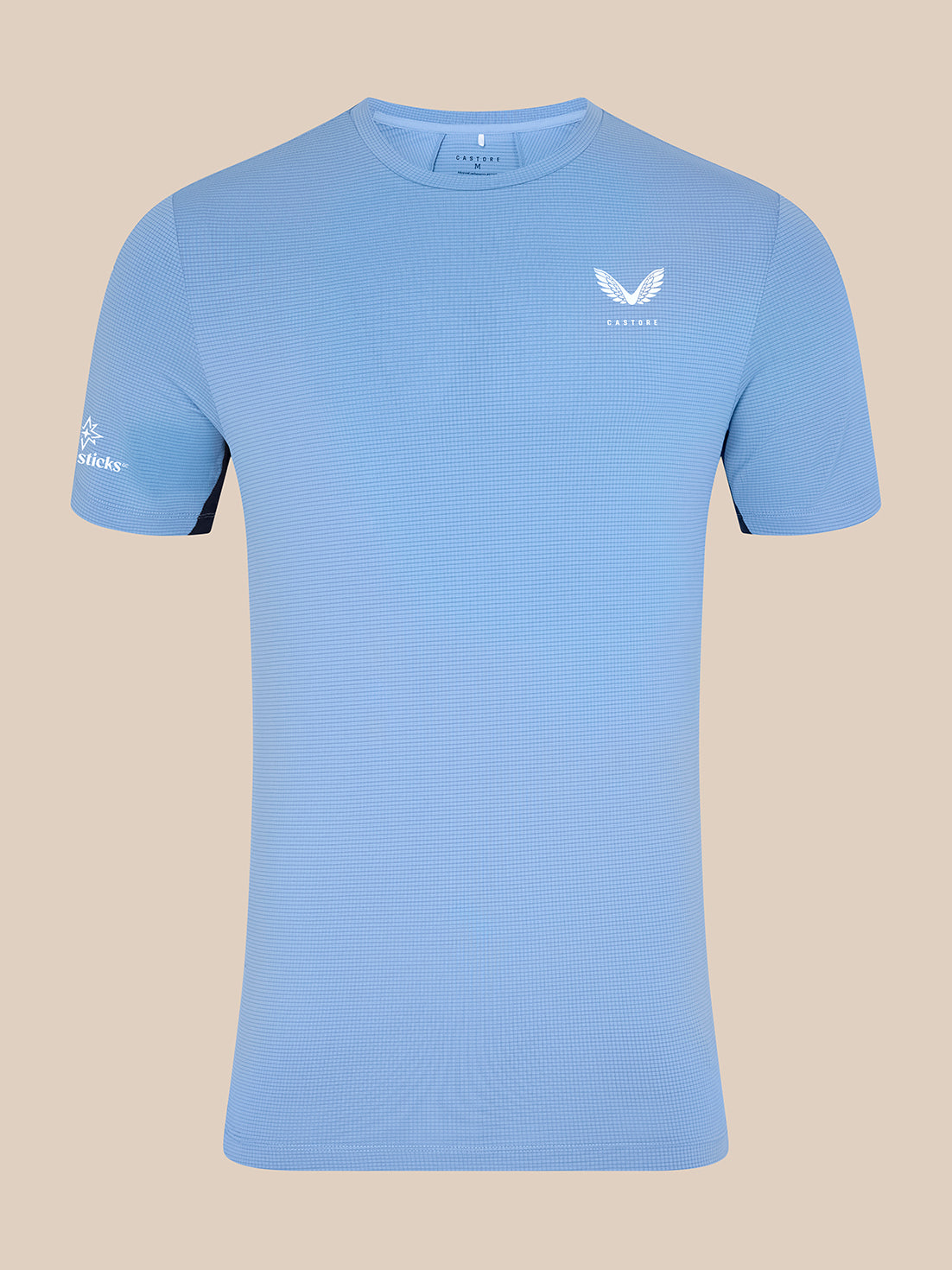 Front view of sky blue Majesticks T Shirt with a white Castore chest logo and sleeve branding.