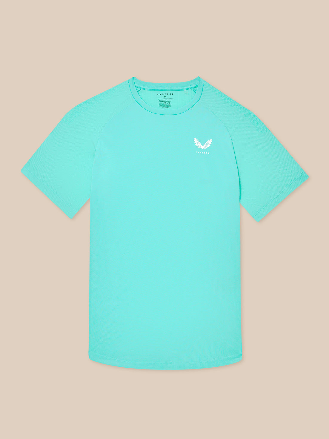 Male model wearing light aqua Flow Training Muscle Grip T-Shirt front view with chest logo.