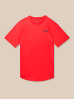 Red Flow Muscle Grip T-Shirt laid flat showing left chest logo against beige background