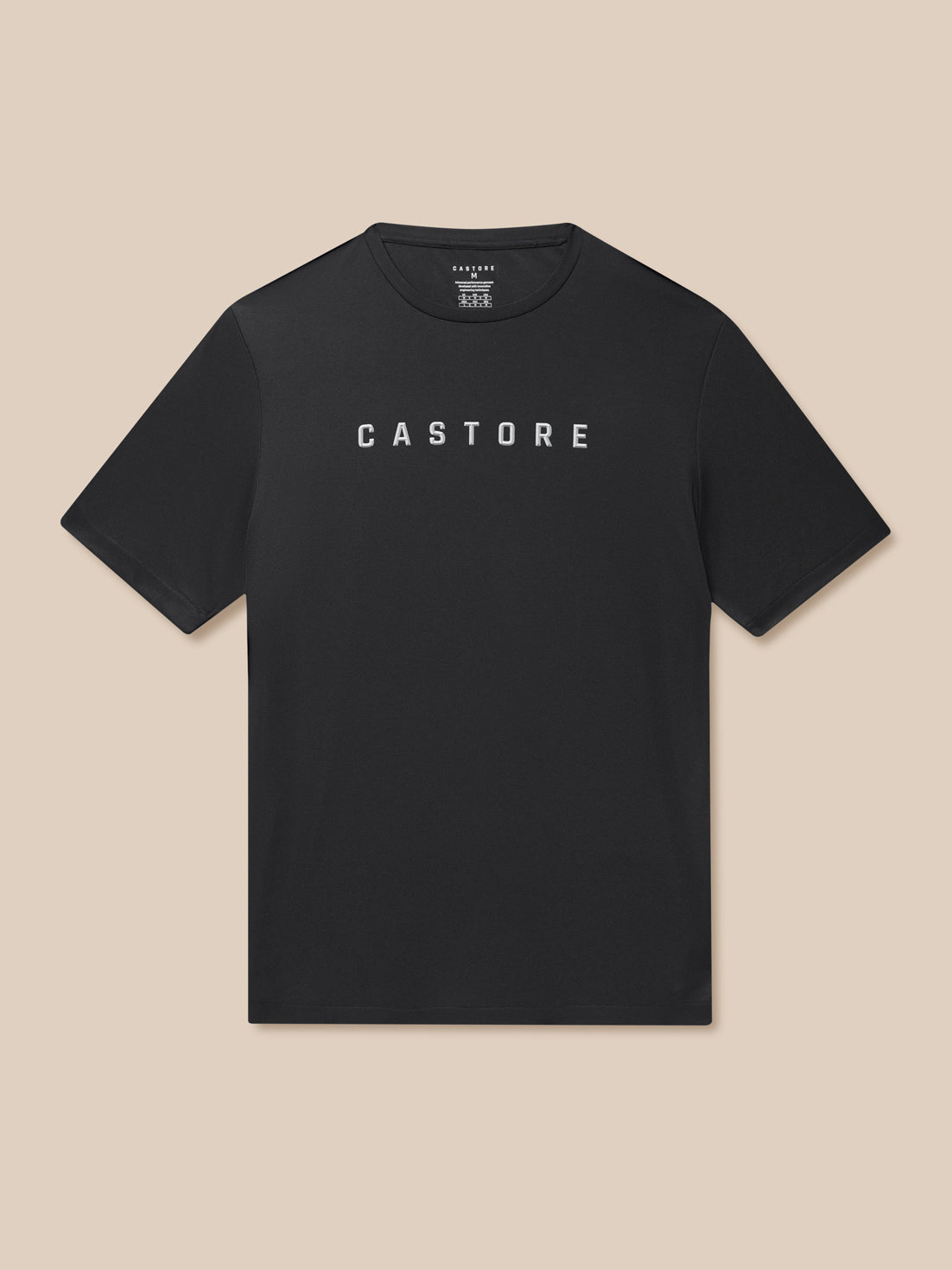 Front view of a black graphic training T-shirt with a bold Castore logo across the chest.