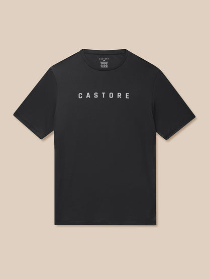 Front view of a black graphic training T-shirt with a bold Castore logo across the chest.