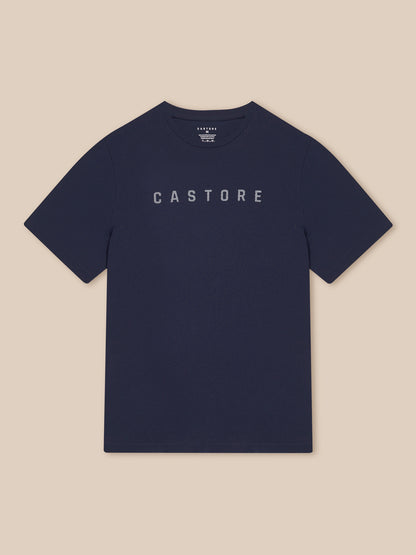 Navy graphic T shirt with crew neck and Castore logo on the front