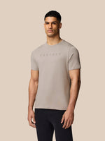 Male model wearing a beige Rock Grey graphic lifestyle T shirt with a Castore logo across the chest.