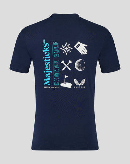 Navy Majesticks graphic T-shirt with light blue vertical Majesticks branding and white sport icons across the back.