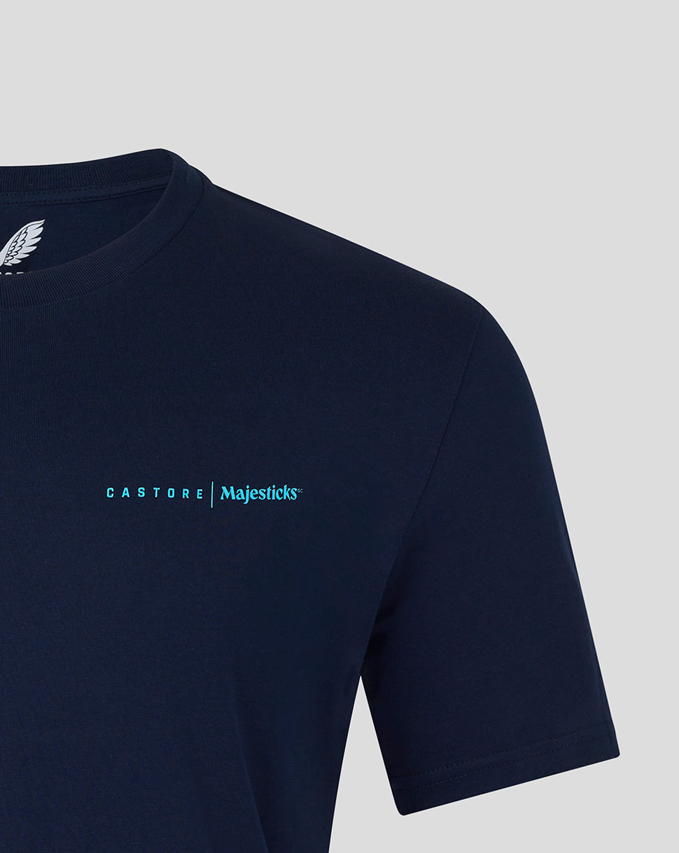 Close-up of navy Majesticks T-shirt showing small blue Castore Majesticks logo on the left chest.