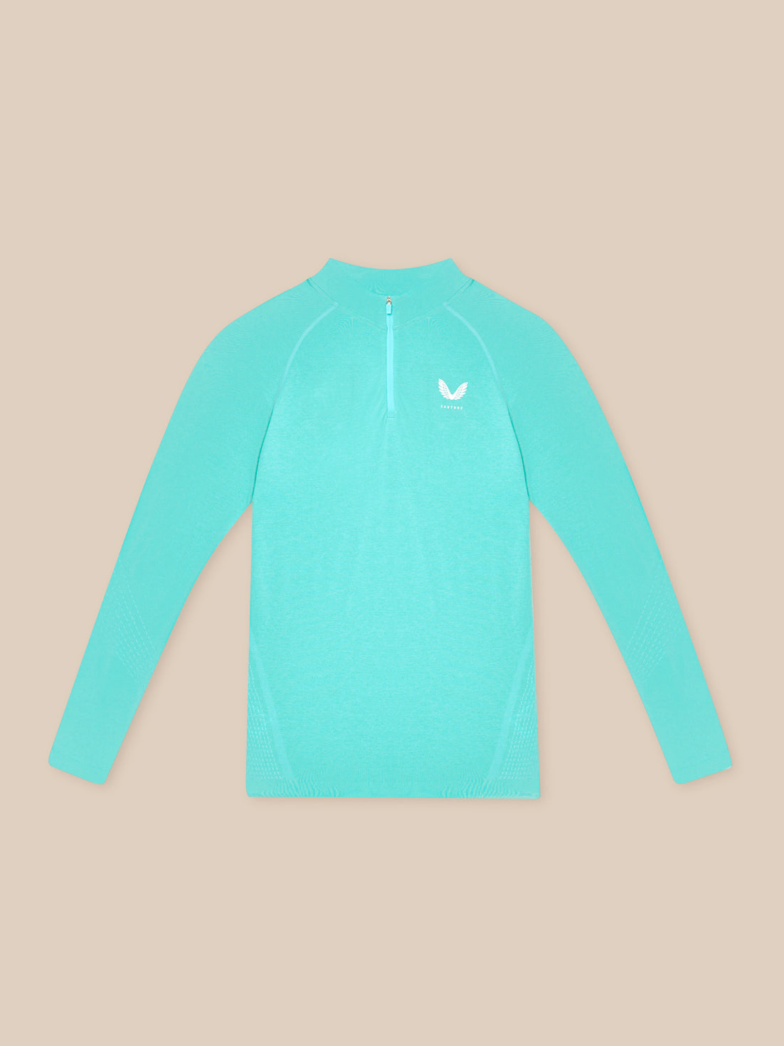 Light aqua Flow Training 1/4 Zip Top flat lay with front zipper and small chest logo