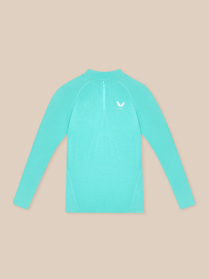 Light aqua Flow Training 1/4 Zip Top flat lay with front zipper and small chest logo