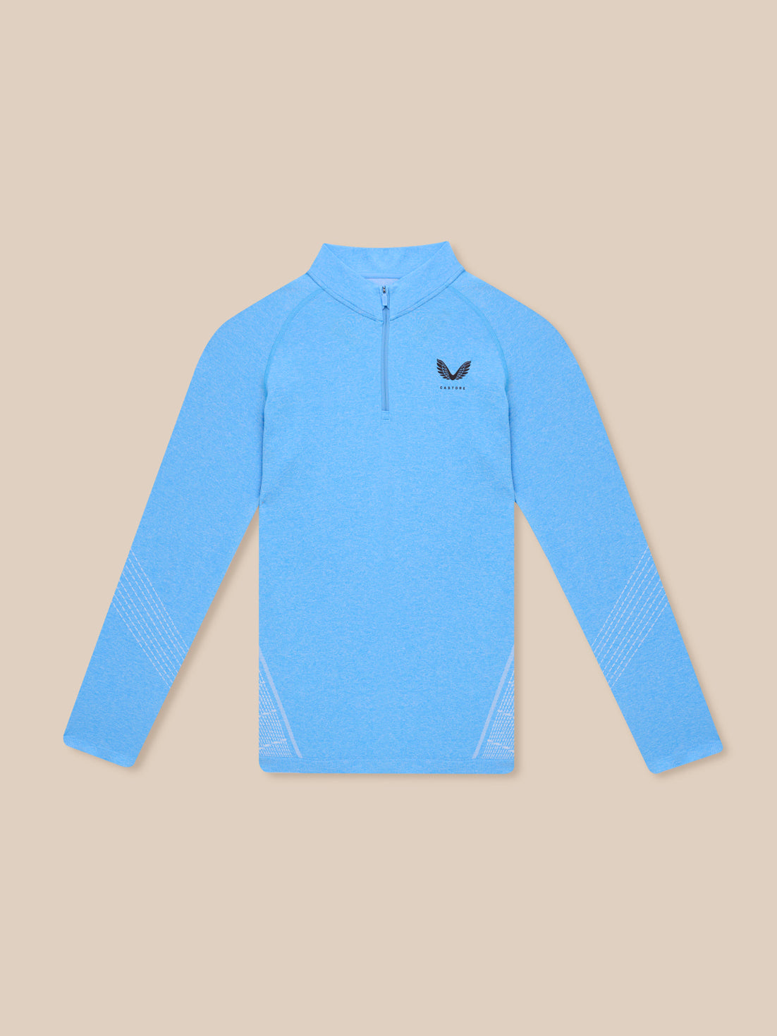 Front view of Flow Seamless Quarter Zip Long Sleeve Top in Cool Blue with quarter zip and left chest Castore logo.