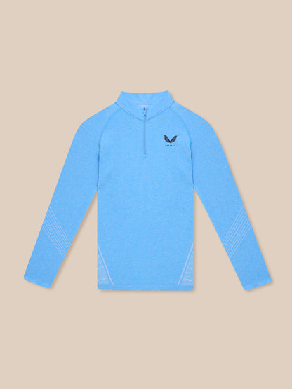 Front view of Flow Seamless Quarter Zip Long Sleeve Top in Cool Blue with quarter zip and left chest Castore logo.