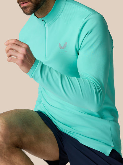 Close up of light aqua Zone Training 1/4 Zip Top back shoulder with vertical ribbed panel across the upper back