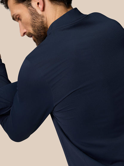 Rear view of Zone Training 1/4 Zip Top in Midnight Navy on a male model, highlighting smooth knit fabric and athletic fit.