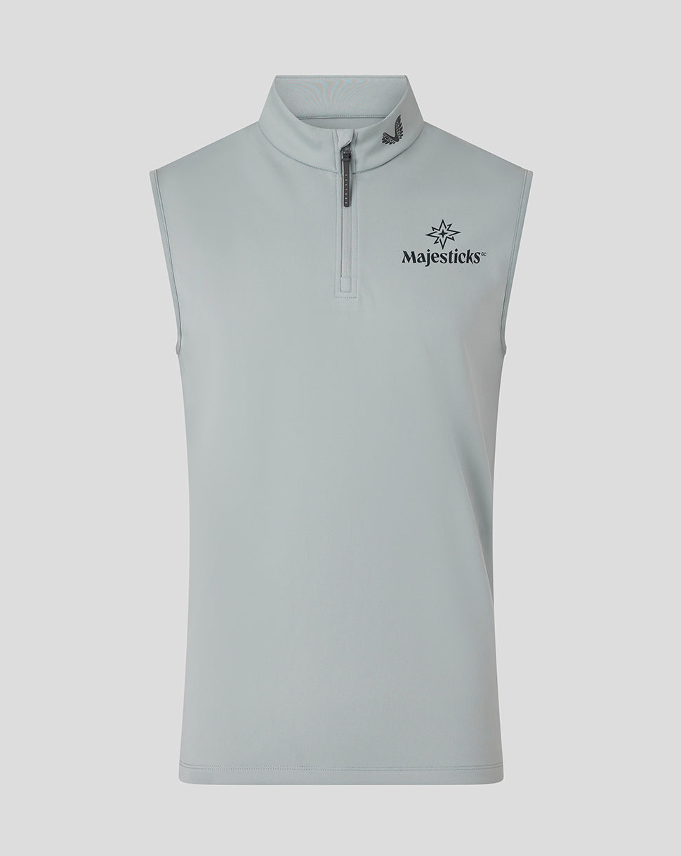 Front view of grey Majesticks Classic Half Zip Gilet with high neck and sleeveless silhouette; Majesticks logo on the chest and Castore graphic at the neckline.