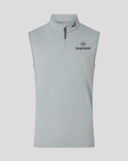 Front view of grey Majesticks Classic Half Zip Gilet with high neck and sleeveless silhouette; Majesticks logo on the chest and Castore graphic at the neckline.