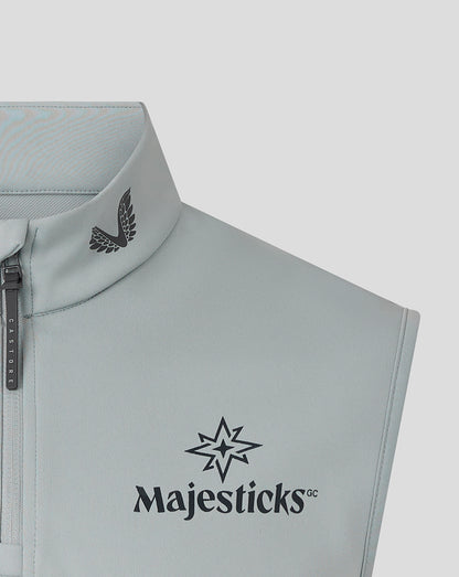 Majesticks Classic Half Zip Gilet in grey close-up of high collar and chest Majesticks logo with Castore branding at the neckline