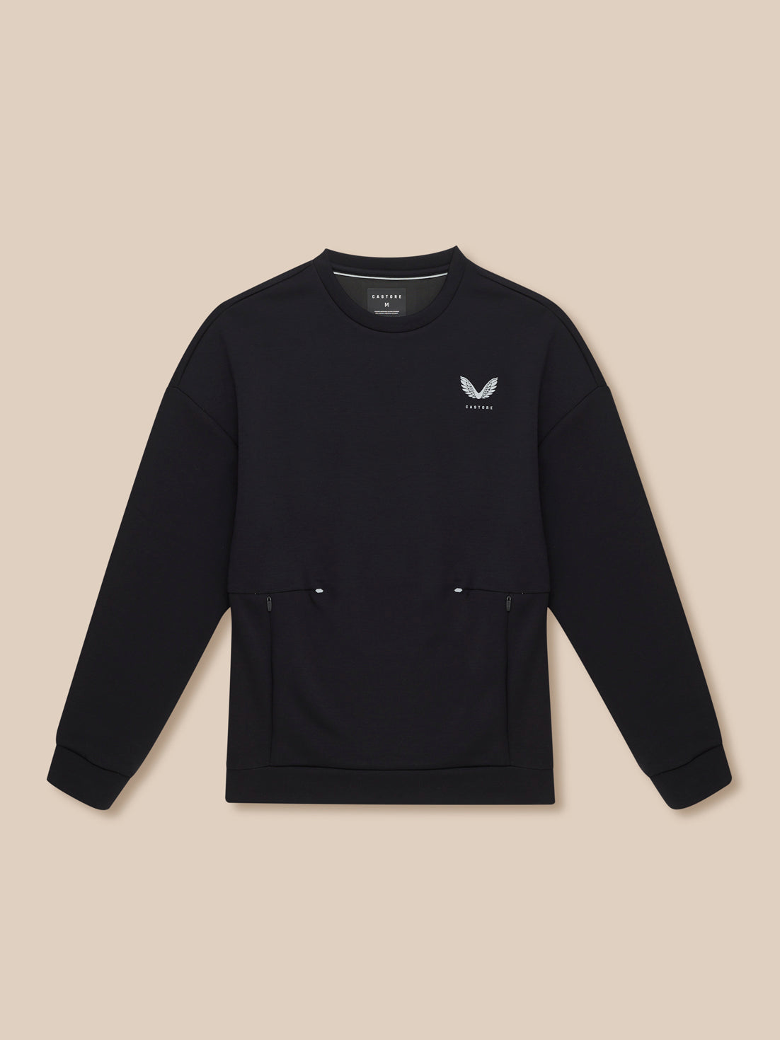 Black crew neck travel lifestyle sweatshirt with a small white logo on the left chest and front zip pockets