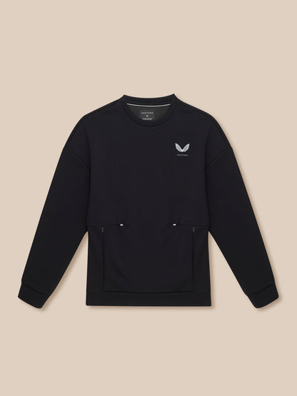 Black crew neck travel lifestyle sweatshirt with a small white logo on the left chest and front zip pockets
