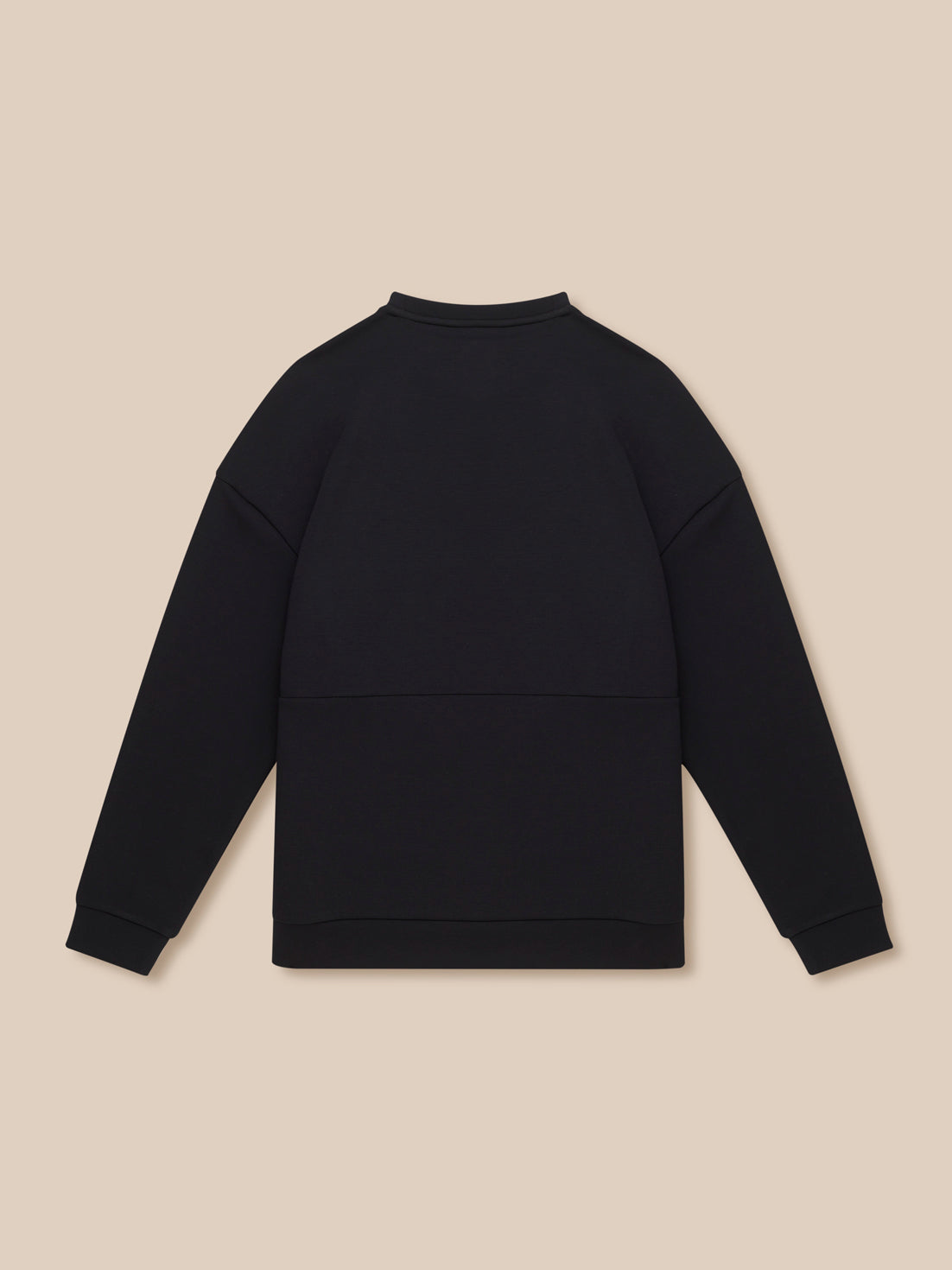 Back view of a black crew neck sweatshirt with a relaxed fit