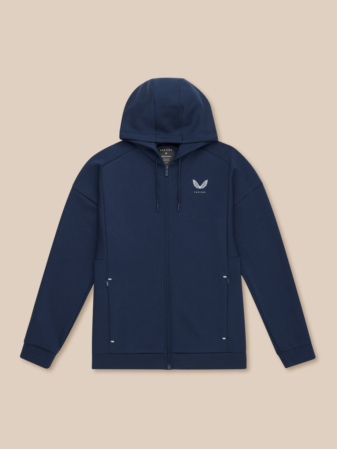 Front view of navy Travel Lifestyle Zip Hoodie laid flat with hood up left chest logo and zip pockets.