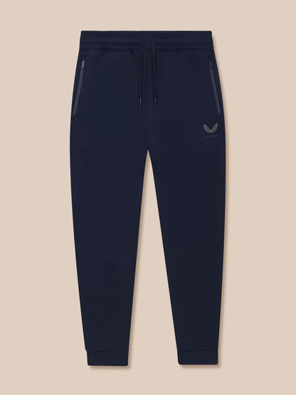 Full view of navy Flex Thermo Pant with drawstring waist, zip pockets and Castore logo on the leg