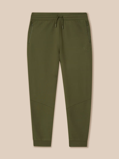 Front view of olive green Flex Lifestyle Thermo Pant laid flat with drawstring waist and zip pockets