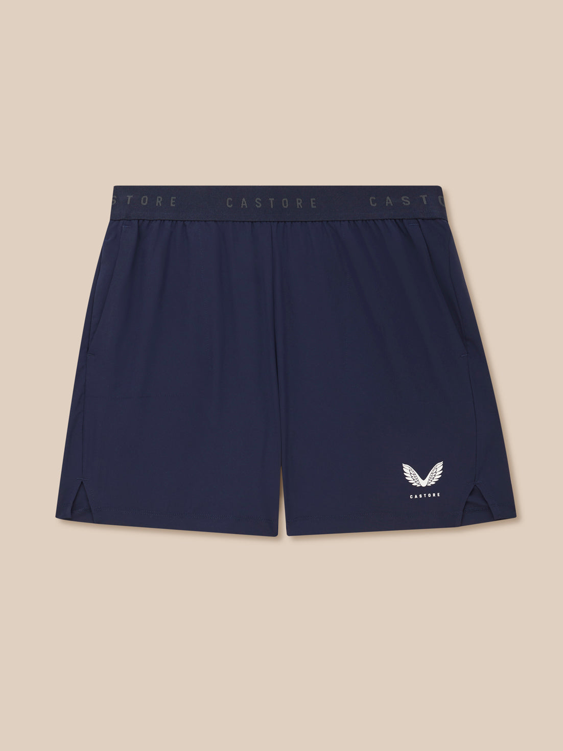 Back view of navy Adapt 5 Inch Shorts showing waistband branding and Castore logo on leg