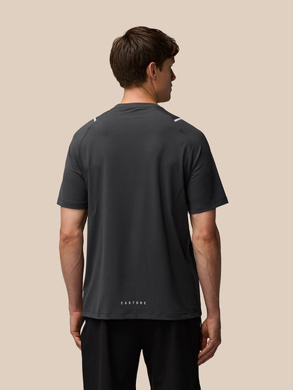 Back view of gunmetal Apex Training T Shirt showing Castore wordmark at back hem.