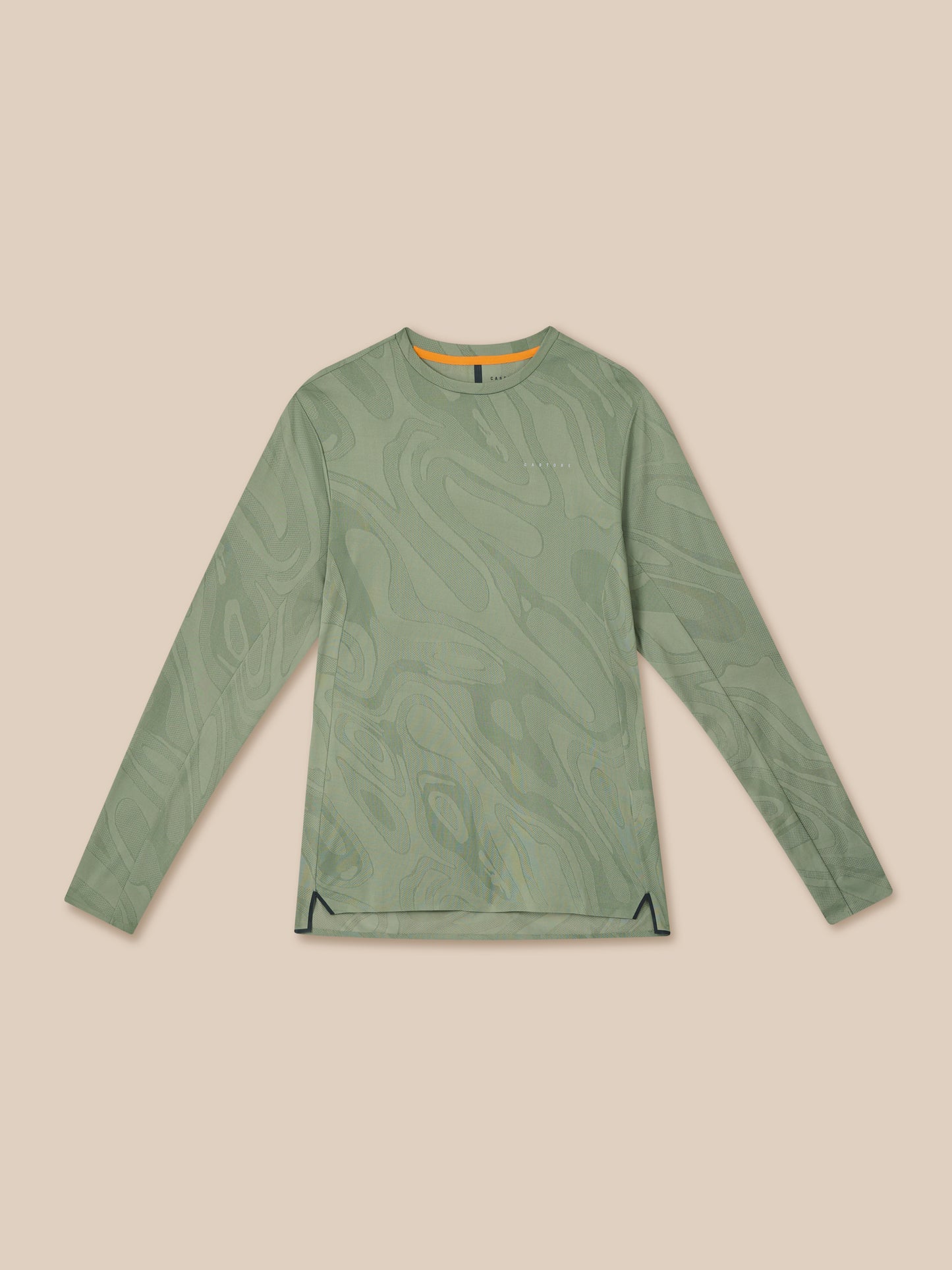 Zone Training LVS Long Sleeve Top in thyme green with an orange neckline trim and all over pattern